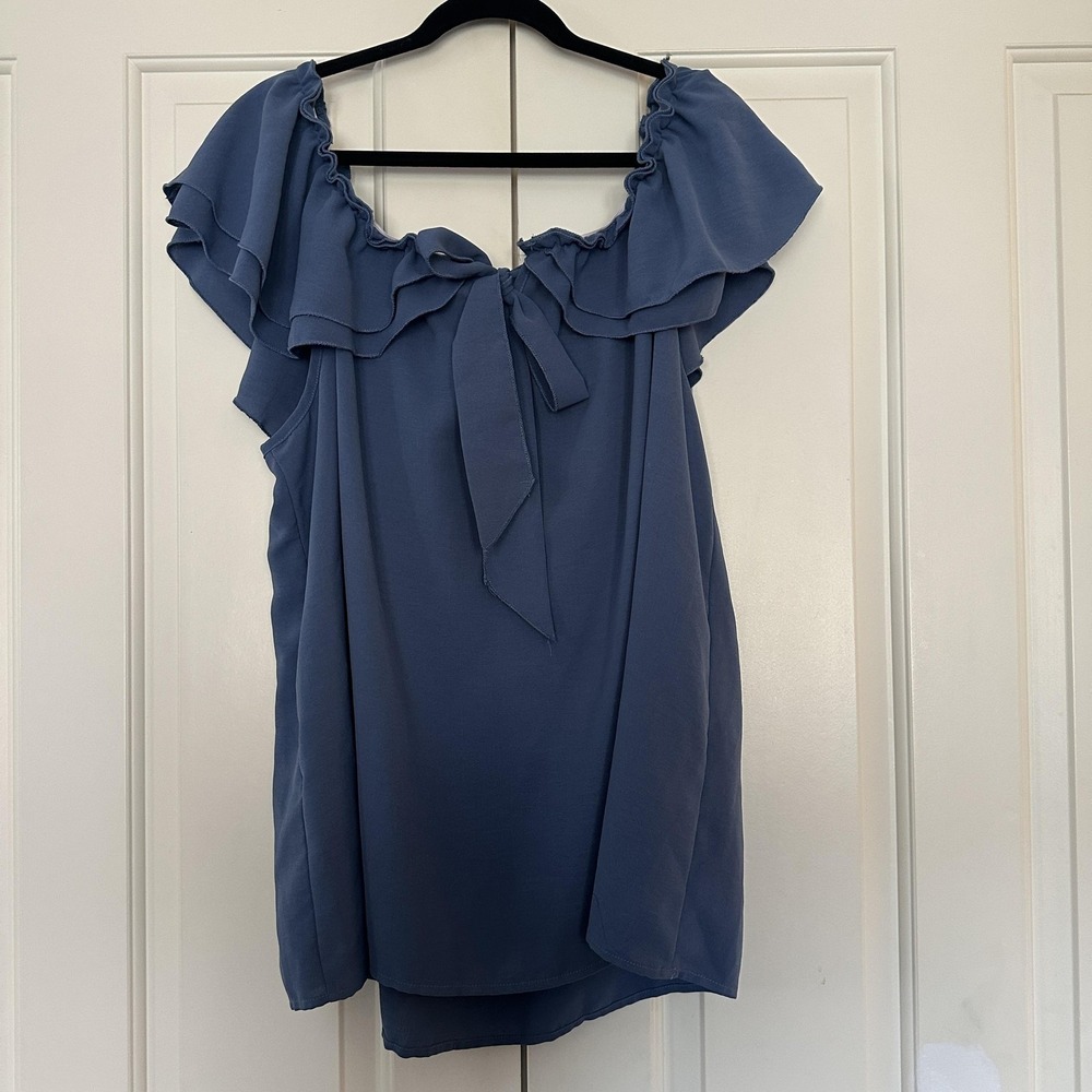 Shein Curve Blouse Womens 4XL Blue Off Shoulder Ruffle Flutter Tunic Top Plus‎